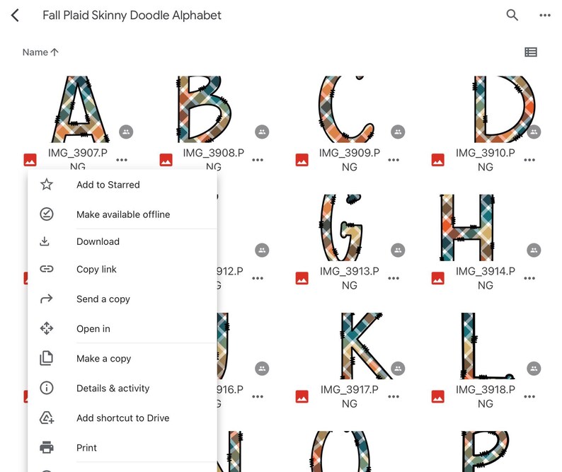 May include: A set of alphabet letters in a plaid pattern with a doodle style. The letters are in a fall color palette of orange, brown, teal, and cream.