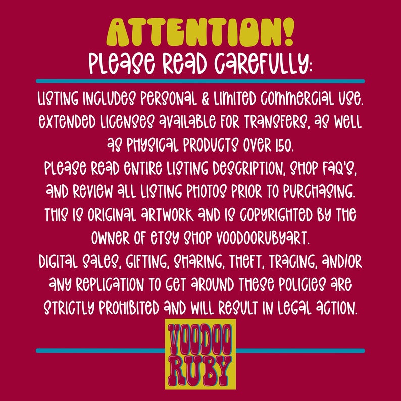 May include: A maroon background with white text that reads "ATTENTION! Please read CAREFULLY:" followed by usage terms and copyright information. The Etsy shop name "VOODOO RUBY" is displayed in a colorful logo at the bottom.