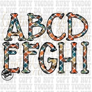 May include: A set of eight letters, A through I, in a plaid pattern with orange, brown, blue, and white colors. The letters are outlined in black and have a stitched look.
