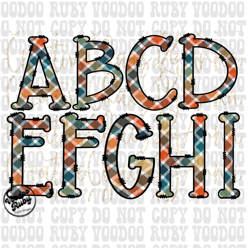 May include: A set of eight letters, A through I, in a plaid pattern with orange, brown, blue, and white colors. The letters are outlined in black and have a stitched look.