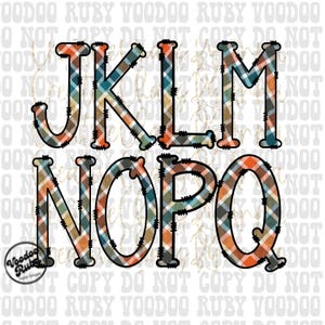 May include: A set of plaid letters, J, K, L, M, N, O, P, and Q, in orange, blue, green, and brown colors. The letters are outlined in black and have a distressed look.