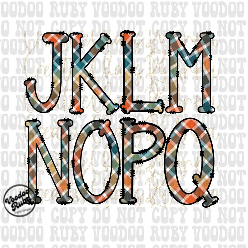 May include: A set of plaid letters, J, K, L, M, N, O, P, and Q, in orange, blue, green, and brown colors. The letters are outlined in black and have a distressed look.