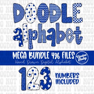 Pacote de alfabeto PNG com letras azuis e brancas, download digital de sublimação desenhada à mão, fonte Alpha Pack desenhada à mão DTF para impressão, clip art