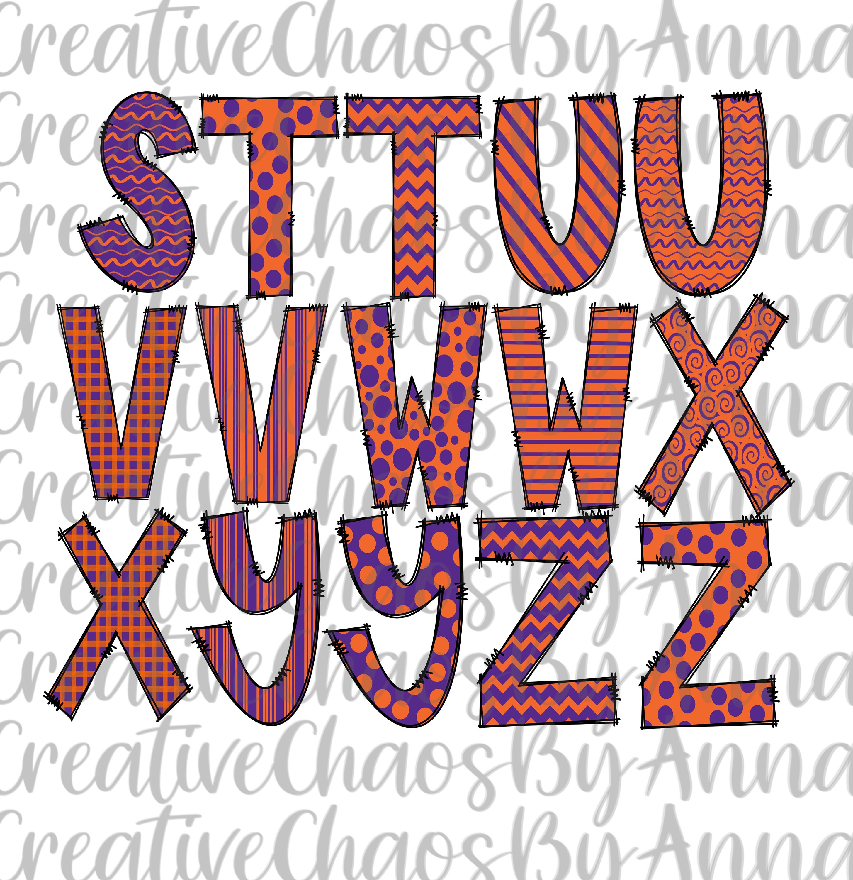 Purple and Orange Doodle Letters PNG Alphabet Bundle, Hand Drawn Alpha ...