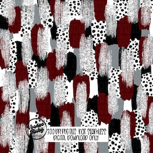 May include: Abstract digital paper with a repeating pattern of white, gray, black, and burgundy brushstrokes and black polka dots on a white background.  300 DPI PNG files, not seamless. Digital download only.
