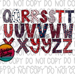 Navy Blue and Red Doodle Letters PNG Sublimation Alphabet Bundle Hand ...