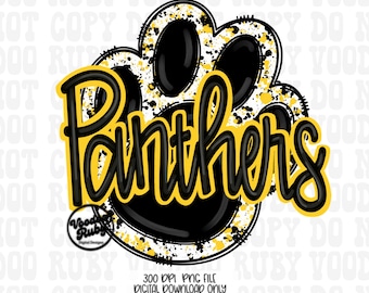Black and Yellow Panthers Mascot Design: Hand Drawn Paw Sublimation PNG (Digital Download)