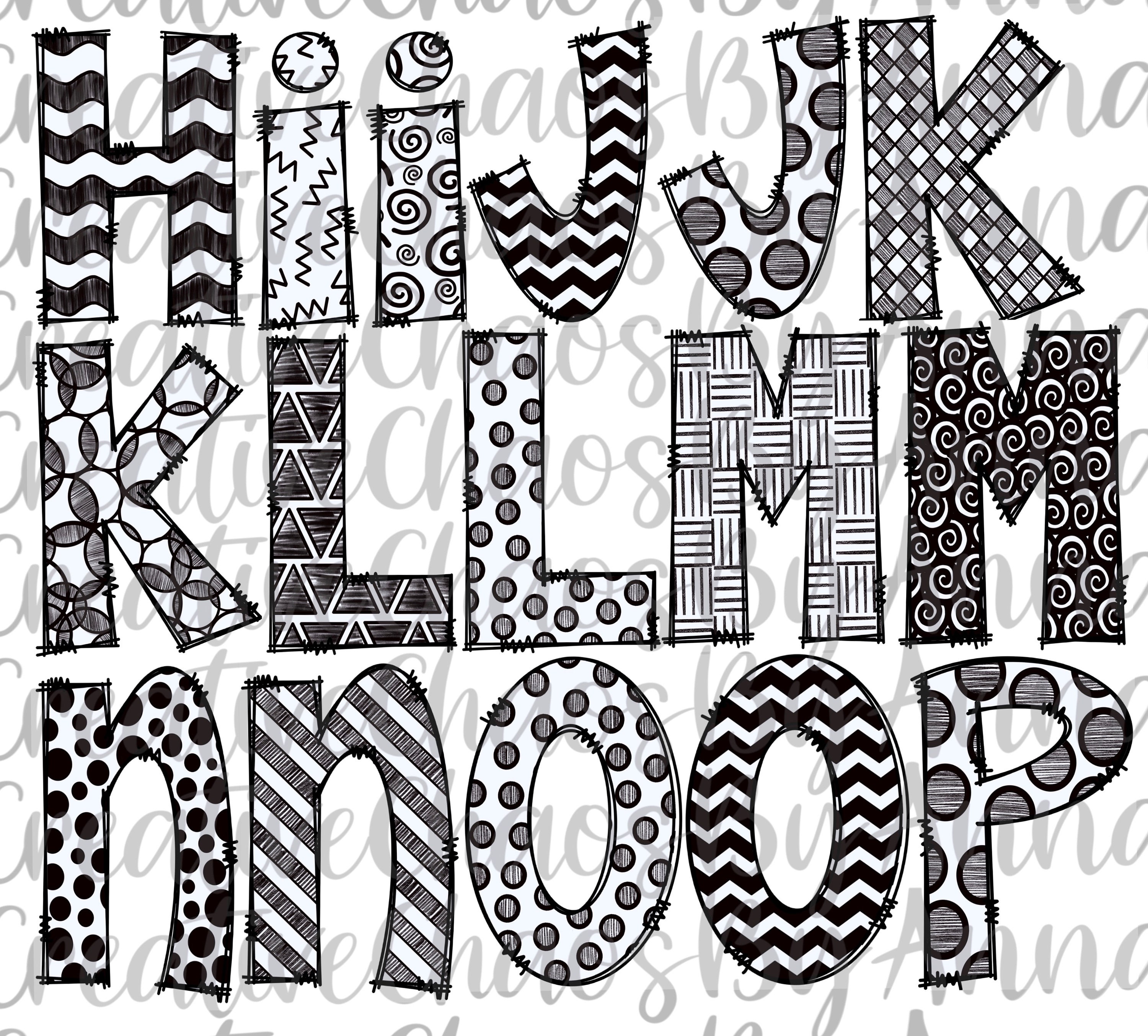 Black and White Doodle Letters Alphabet Bundle PNG Hand | Etsy