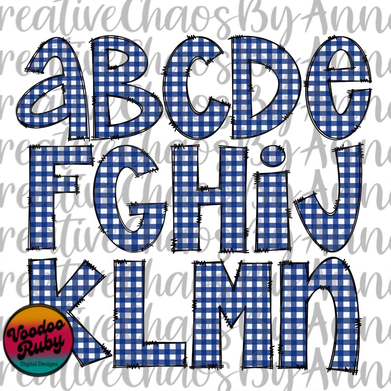 May include: A full alphabet, A through M, is displayed in a bold, playful font. Each letter is filled with a blue and white gingham pattern and outlined in black. The letters appear to be digitally created.