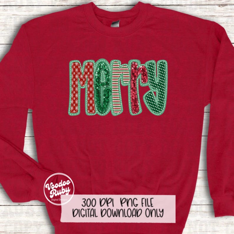 May include: Red sweatshirt with a festive "Merry" design featuring a variety of Christmas patterns and sequins. The design is in green, red, and white.