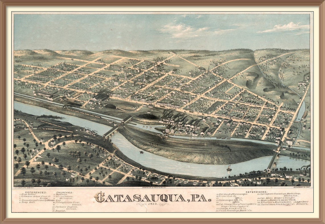 1873 Aeroview Map of Catasauqua Pennsylvania Beautiful Etsy