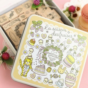 Set di timbri in legno e gomma (21 timbri) Coniglio, serie stagione delle fragole, Hanko giapponese, gatti selvatici, dolci, coniglio rosso, pianificatore