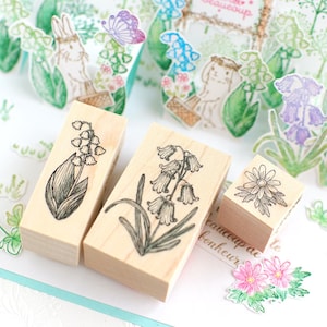 Lot de 3 tampons en caoutchouc bois fleur, muguet, jacinthe des bois, marguerite, fabrication de cartes de fleurs cottagecore, hanko japonais, agenda