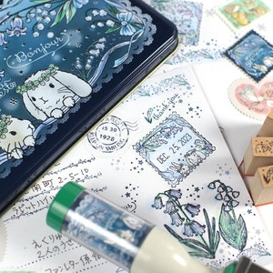 Charmantes Kaninchen Datum Drehstempel -Japanischer Hanko Stempel mit Blumenmuster SANBY, Cottagecore Hase,Hasenkopf mit Hase, Bluebell