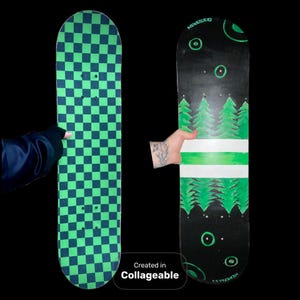 May include: Two skateboards. One has a green and navy blue checkerboard pattern. The other has a black background with green trees, white and green stripes, and green circles. The text "Created in Collageable" is visible.