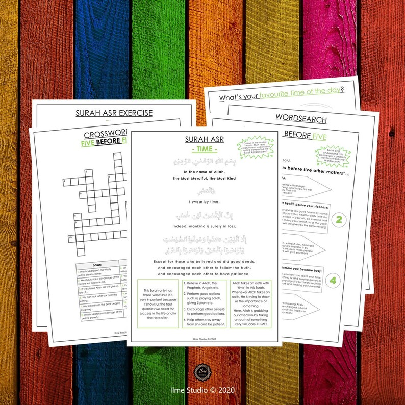 May include: A set of three printable worksheets for learning about the Islamic Surah Al-Asr. The worksheets include a crossword puzzle, a word search, and a list of five things to do before five other matters. The worksheets are printed on white paper with black text and illustrations.