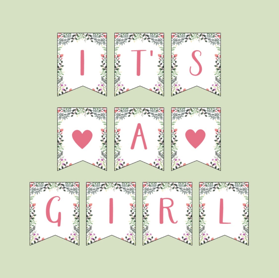 It's A Girl Bunting Printable Baby Girl Floral Pink Etsy