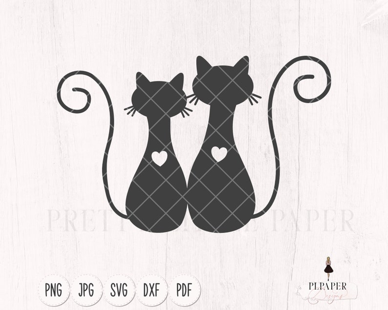 May include: Two black silhouette cats with hearts on their chests, facing each other with their tails intertwined in a heart shape.