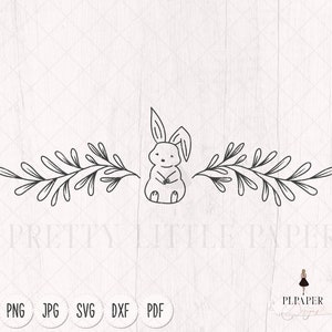 May include: A black and white line drawing of a bunny with long ears, centered between two leafy branches. The text "PRETTY LITTLE PAPER" is at the bottom. Below are file type icons: PNG, JPG, SVG, DXF, and PDF.