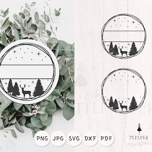 May include: Black and white silhouette of a deer standing in a forest with a starry sky above. The image is a circle with a blank space for text. The image is perfect for a Christmas or winter themed craft project.