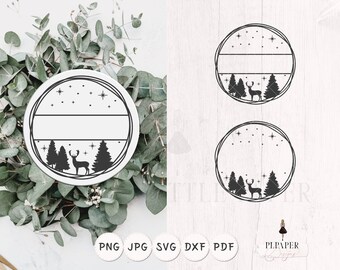 Christmas ornament svg, Winter wreath svg, Split round ornament svg, name ornament svg with deer and pine trees, winter forest svg