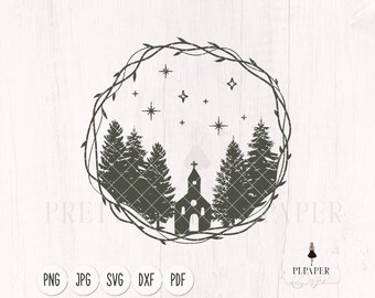 Christmas ornament svg, Pine trees and church in winter wreath svg, Christmas svg, winter svg