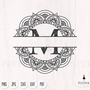 May include: Black and white mandala design with a split monogram "M M" in the center. The mandala is intricate and detailed, with a circular pattern of flowers and leaves.