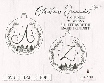 Christmas wreath svg ornament with initials, Layered ornament svg, Winter wreath svg, Christmas laurel svg, Xmas wreath svg, winter svg