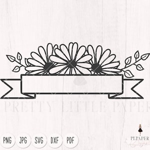 May include: Black and white graphic design of a banner with a floral design. The banner has a blank space for text. The text "Pretty Little Paper" is below the banner.