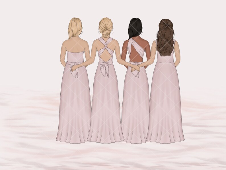 Pink dress bridesmaids clipart, handdrawn bridesmaids illustration, graphic design for commercial use