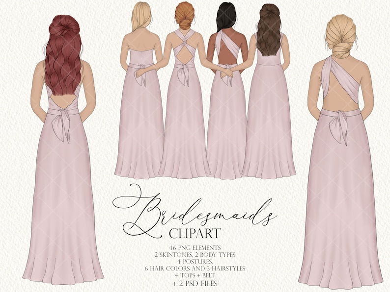 Pink dress bridesmaids clipart, handdrawn bridesmaids illustration, graphic design for commercial use