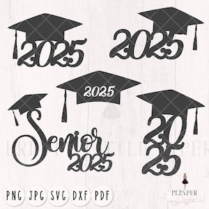 May include: A set of five black graduation cap and 2025 designs. The designs include a graduation cap with the year 2025, a graduation cap with the word "Senior" and the year 2025, and two designs of the year 2025 with a graduation cap.