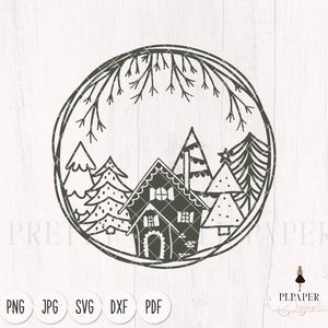 Christmas scene svg, Pine trees and cottage house in winter wreath svg, Christmas ornament svg, winter svg