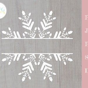 Pode incluir: Floco de neve branco dividido ao meio com uma linha horizontal no meio para texto. A imagem inclui o texto "PNG, JPG, PDF, SVG, DXF".