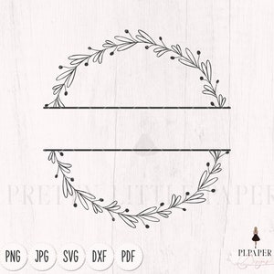 Pode incluir: Design de coroa de flores em preto e branco com uma linha horizontal para texto. A coroa é um semicírculo com folhas e bagas. A imagem inclui ícones de tipo de arquivo: PNG, JPG, SVG, DXF e PDF.