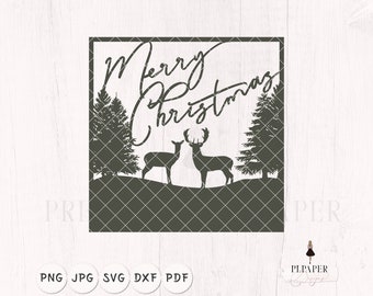 Christmas card svg, Christmas scene with deers and pine trees svg, Christmas svg, winter svg, Snowflake svg, Christmas cut file