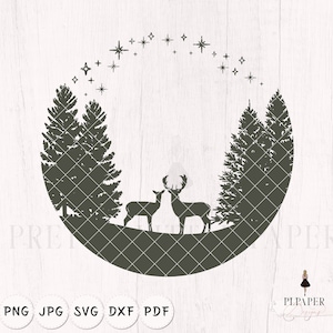Christmas scene svg, Pine trees and deers in winter svg, Christmas round ornament svg, winter svg