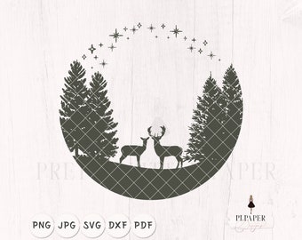 Christmas scene svg, Pine trees and deers in winter svg, Christmas round ornament svg, winter svg