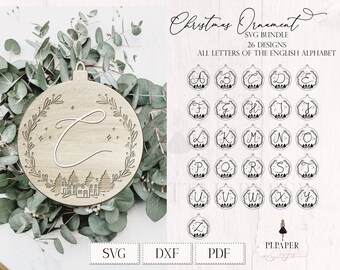 Christmas wreath svg ornament with initials, Layered ornament svg, Winter wreath svg, Christmas laurel svg, Xmas wreath svg, winter svg