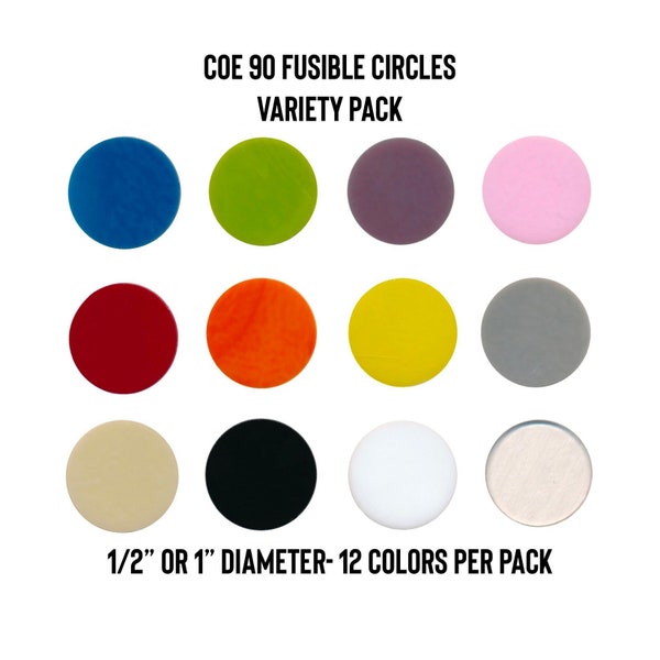 Bullseye COE90 Precut Glass 1/2" or 1" Circles - Variety Pack - 12 Colors