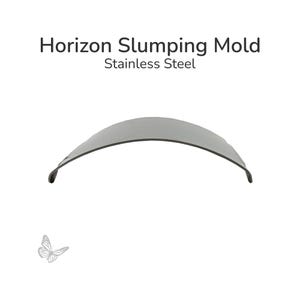 May include: A stainless steel Horizon Slumping Mold with a curved, arch-like shape. The mold is designed for glass art projects. The text "Horizon Slumping Mold Stainless Steel" is displayed at the top of the image. A butterfly graphic is in the lower left corner.