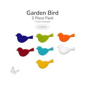 May include: A collection of seven colorful bird-shaped garden decorations. The birds are in various colors, including blue, green, orange, red, turquoise, white, and yellow. The text "Garden Bird 3 Piece Pack" is displayed above the birds.