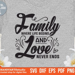 Familie, wo das Leben beginnt und die Liebe niemals endet, Familie Zitat Clip Art, Urlaub Geschenk Design svg