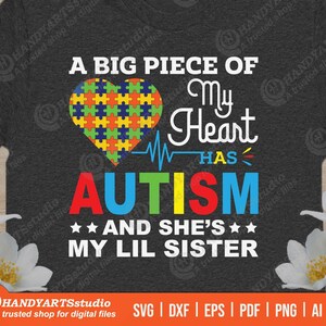 Ein großes Stück meines Herzens hat Autismus svg Schnittdatei, kleine Schwester svg, Schwester Zitat Clip Art, Autismus Awareness svg
