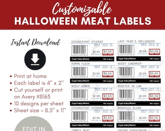 Editable Halloween Meat Labels  | Holiday White Elephant Idea | Print at Home | Meat Sticker | Fake Meat Labels | Instant Download