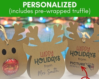 PERSONALIZED Reindeer Tag (Chocolate INCLUDED) | Reindeer Candy Ornament | Holiday Party Favor | Employee Appreciation Gift | Truffle Holder