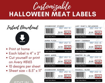 Editable Halloween Meat Labels  | Print at Home | Halloween Treat Ideas | Meat Sticker | Fake Meat Labels | Instant Download