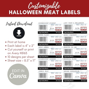 Editable Halloween Meat Labels  | Holiday White Elephant Idea | Print at Home | Meat Sticker | Fake Meat Labels | Instant Download