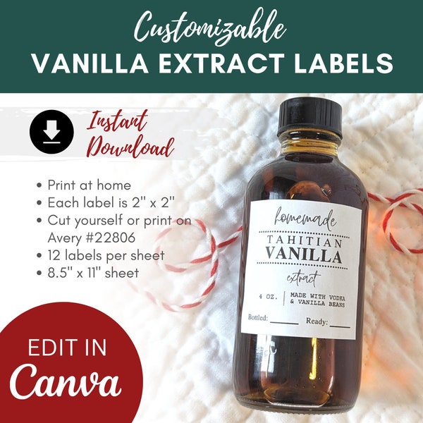 Editable Vanilla Extract Label  | Print at Home | Teacher Gift Idea | Handmade Holiday Ideas | DIY Vanilla Extract Label | Instant Download