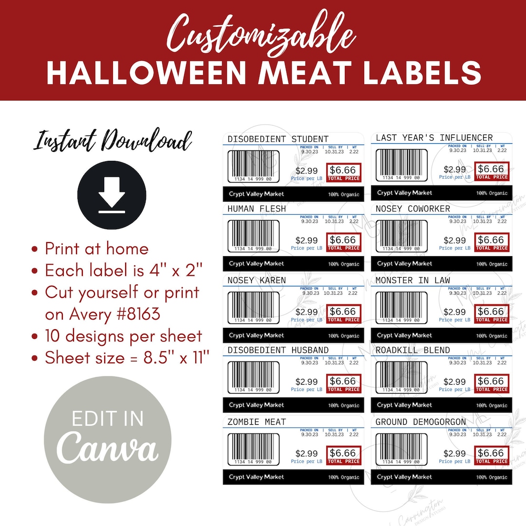 Editable Halloween Meat Labels Holiday White Elephant Idea Print at ...